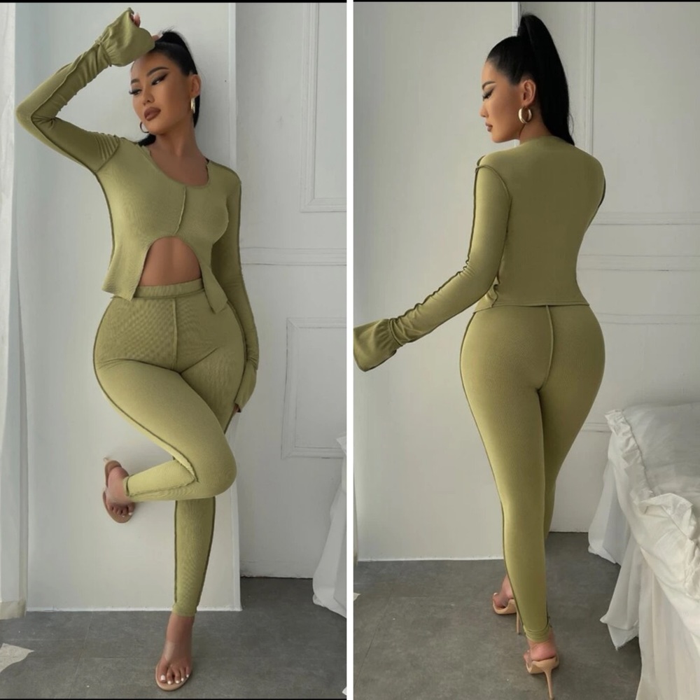 Lime Green Flounce Sleeve Crop Top & Leggings